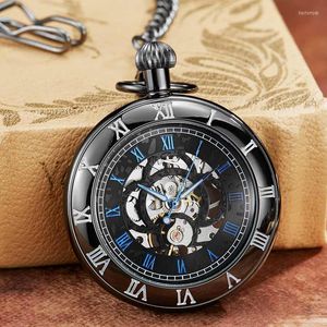 懐中時計ヴィンテージクラウンデザイン刻まれたナンバーダイヤルブラックメカニカルウォッチメンチェーンユニークホロースチームパンク時計