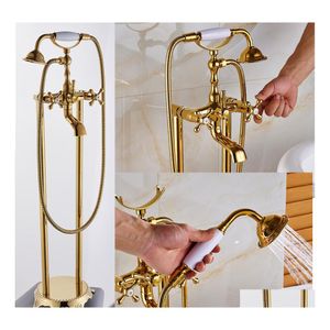 Bathtub Faucets Uythner Gold Floor Mounted Tub Sink Faucet Dual Handle Bathroom Bath Shower Set Standing Mixer Tap With Handshower D Dhkh4