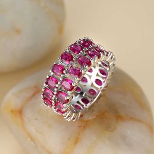 Solitaire Ring Temperament Rose Pink Stone Band för kvinnor Silver Color Chunky Oval Cut AAA Zircon Double Layer Wedding Party S Jewelry Y2302