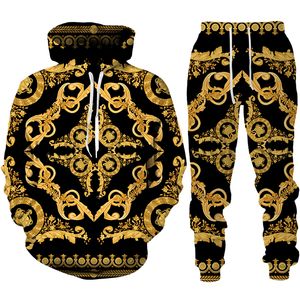 Tute da uomo Stile barocco 3D stampato Corona catena dorata Felpa con cappuccioPantaloniTuta Casual Pullover Felpa Pantaloni Abbigliamento sportivo Tuta Set 230203