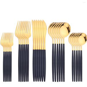 Dinnerware Sets 30Pcs Black Gold Cutlery Dinner Set Mirror Knives Forks Spoons Western Kitchen Tableware Stainless Steel