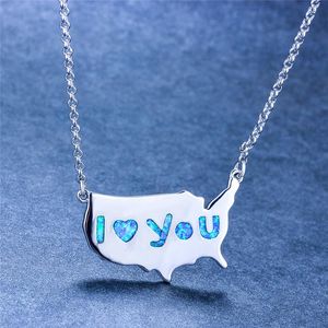 Pendant Necklaces Unique Style Female Big United States Map Pendants White Blue Fire Opal Necklace Silver Color For WomenPendant