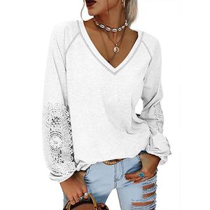 Women's T Shirts Autumn Winter Women Lace Patchwork Hollow Out V- Neck Lantern Long Sleeve Casual Loose TopsWomen's