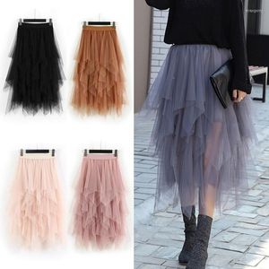 Kjolar 2023 Asymmetrisk hög midja ruffles mesh tutu tyll lång midi kjol för kvinnor svart vit rosa mikro y2k kläder