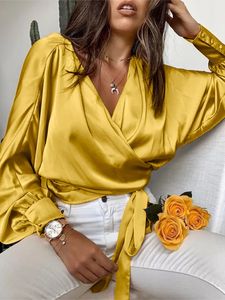 Women's Blouses Shirts Celmia Women Satin Blouses Fashion Elegant Long Bat Sleeve Shirts Summer Cross V Neck Bandage Waisted Haut Style Wrap Tops 230203