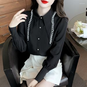 Women's Blouses Autumn 2023 Style Bead Studded Pointed Collar Women's Lantern Sleeve Shirt Black White Unique Fashion Top Ladies Blusa