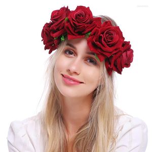 Headpieces 1Pc Spring Bohemian Flower Crowns Beach Hawaii Elastic Floral Garland Romantic Faux Rose Wedding Wreaths Headband