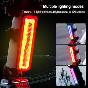 Lights Multi-Color RGB Cykel bakre ljus USB-laddning 14-läge Taillight Mtb Night Riding Cob LED varning Bike Lamp 0202