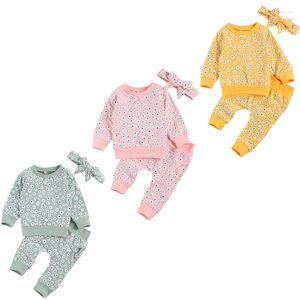 Completi di abbigliamento Autunno Neonate Neonate Vestiti per ragazzi Girasoli Stampa Pullover a maniche lunghe Felpa Pantaloni Top Fascia per capelli