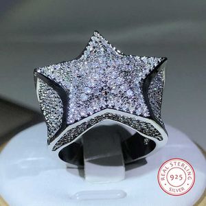 Solitaire Ring 925 Silver Högkvalitativ hiphop Big Five Star for Women Pave Seting Zircon Party Cookic Jewelry Gift Y2302