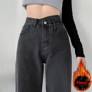 Kvinnors jeans crossover midje design fleece rak baggy förtjockar sammet vinter denim byxor gata moppande breda benbyxor 230202