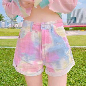 Shorts femininos xpqbb rosa tie tie impressão verão mulher coreana botão alta cintura jeans feminina moda de rua calças curtas 2022 y2302