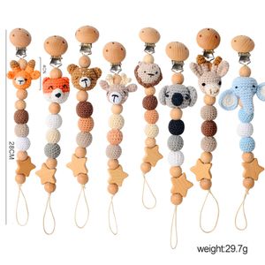 Pacifier Holders Clips# Crochet Cartoon Animal Clips Appease Soother Chain Wood Beads Antidrop Dummy Holder Nipple Clip Teething Toy Baby Gift 230203