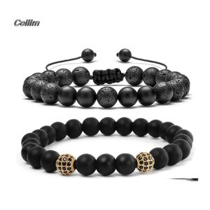 Beaded Strands Round Ball Cz Zircon Crown Charm Bracelet Pave Black Lava Stone Beads Weaving Bracelets For Women Mens Drop Delivery Ot1Ll