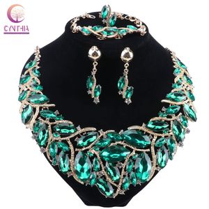 Bröllopsmycken sätter Cynthia Luxury Green Color Crystal Necklace Earrings Party Accessories Indian Bridal Costume Jewellery 230203