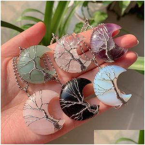 Pendant Necklaces Moon Crescent Wire Wrap Tree Natural Healing Stone Crystal Quartz Pendum Opal Amethyst Pink Necklace Drop Dhgarden Dhu6M