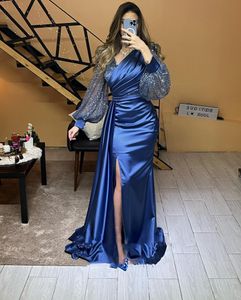 Navy Blue Glitter Evening Dress for Party V Neck high side slit sequined Long Puffy Sleeves Mermaid Satin Arabic Celebrity Prom Gown