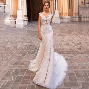 Hochzeitskleid Andere Kleider Wunderschöne Meerjungfrau Spitze Sheer V-Ausschnitt Appliziert Vestido De Noiva Plus Size Brautkleider Rückenfrei