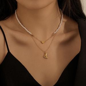 Colares de pingentes de colar de pérolas de moda de aço inoxidável dourado com pés pequenos jóias de dupla festa de tendência Chain de clavícula