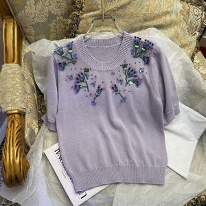 Women's T Shirts 2023 Spring Summer Sweet Women's Beading Diamods Sticked T-Shirt Topps F089