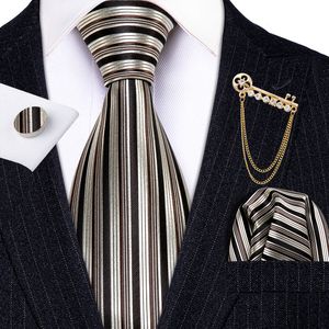 Neck Ties Fashion Designer Gold Striped Men Tie Gold Brooches Silk Tie Handkerchief Set Neck Tie For Men Groom Gift Business Barry.Wang 230203