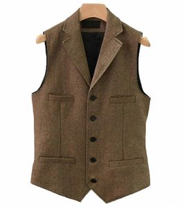 Mens Vests Business Suit Vest Lapel V Neck Wool HerringBone Casual Gentleman Gray Waistcoat Formell Jacket Groomsman For Wedding 230203
