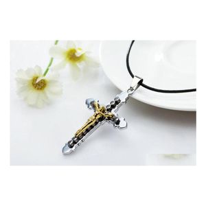 Naszyjniki wiszące krzyż Jezus Christ Crucifix z skórzanym łańcuchem naszyjnik Luckyhat Drop dostawa biżuteria wisiorki dhsqh