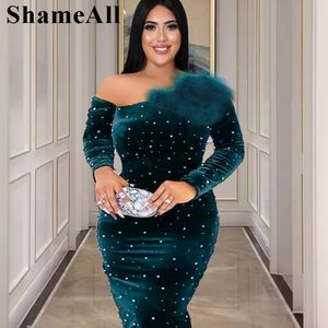 Plus size Dresses Plus Size One Shoulder Velvet Sequin Long Maxi Dress 4XL Winter Christmas Evening Party Dresses Bandage Bridesmaid Club Outfits 230203