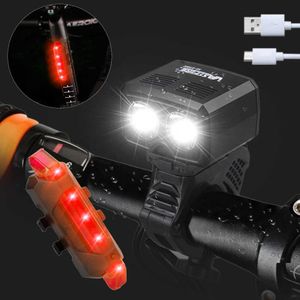 Verlichting Waterdichte USB-fiets 2 LED-fietslicht 5 standen Oplaadbare fietskoplamp met veiligheidswaarschuwing achterlicht 0202