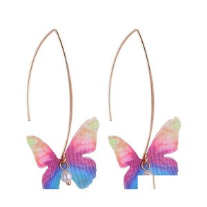 Brincos de borboleta de chiffon da moda de lustres imitados imita￧￣o de p￩rolas de grande gancho f￪mea longa para mulheres meninas por atacado drot5f