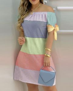 Casual Dresses Summer Women Multicolor Stripped Bow Mini Bodycon Dress 2023 Femme Off Shoulder Robe Cute Lady Clothing Vestidos