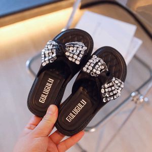 Slipper Kids Girls Bow Rhinestone Sweet Casual Open Toe Outdoor Slippers 2022 Spring New Breathable Non-slip Children Fashion Flats PU 0203