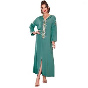 エスニック服イスラム教徒のドレス女性ローブフェムムスルマーネグリーンフード付きダイヤモンドアバヤトルコアバヤドバイ