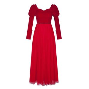 Casual Dresses Red Mesh Patchwork Velvet Party Dress Low Cut Sweetheart V-Neck Buttons Long Sleeved Rhinestone Waistline Bare Back Maxi