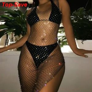 Casual Dresses Fashion Sexy Crystal Diamond Women Hollow Out BodyCon Summer Fishnet Mesh Beach Wear Party Vestidos 230202