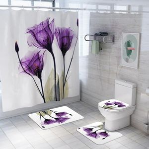 Badtillbehör set vattentäta blommor duschdraperi set icke-halk mattor toalett lock täckmatta fyrdelar badrumstillbehör 180x180 cm