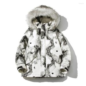 Men's Down Winter Hooded Cotton-padded Jacket Tide Brand Loose Ink Painting Printing Retro Big Fur Collar Padded JacketA5779