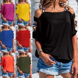 여자 T 셔츠 2023 여름 여성 유럽 및 미국 패션 단색 단축 고산 오프-숄더 티셔츠 탑