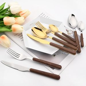 Flatware Sets 4/12/16/24P Brown Gold Tableware Set Cutlery Stainless Steel Imitation Wooden Handle Dinnerware Spoon Knife Fork Silverware