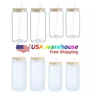 US Warehouse Water Bottles 12oz 16oz DIY Blank Sublimation Can Tumblers Shaped Beer Glass Cups with Bamboo Lid and Straw for Iced Coffee Soda