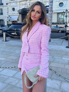 Women's Two Piece Pants Shorts Sets Womens Outfits Elegant Houndstooth Tweed Set Cropped Blazer And High Waist Skort False Bejeweled Button 2 Suit 230202