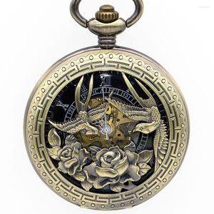 Pocket Watches Retro Hollow Bronze Bird Flower Sculpture Mechanical Watch Unique Skeleton Lucky Symbol PJX1349