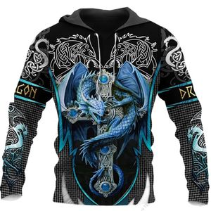 Mens Hoodies Sweatshirts 3D Tryckt Western Dragon Hoodie Animal Pattern Sweatshirt Tops Spring and Autumn Fashion Overdized Loose Hooded Clothes 230202