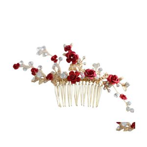 Opaski na głowę Jonnafe Red Rose Floral Headpiece for Women Prom Bridal Hair Comba akcesoria ręcznie robiona biżuteria ślubna 1854 T2 Drop dostarczenie dhma0