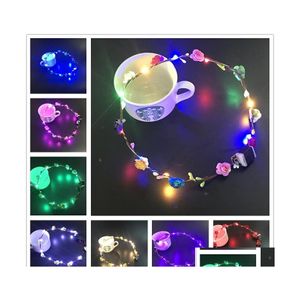 LED-Strings blinkende Glühen-Blumen-Kronen-Stirnband-Licht-Partei-Rave-Blumenhaar-Girlande leuchtender Kranz Hochzeit Mädchen-Kopfschmuck-Tropfen-De Dhfvb