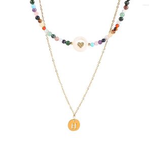 Choker Double Layer Natural Stone Beaded Initial For Women Stainless Steel Letter Love Heart Pendant Necklace Boho Chain Jewelry