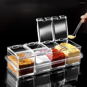 Storage Bottles 3/4 Grid Seasoning Jar With Spoon Leak-proof Acrylic Transparent Kitchen Spice Container Organizer Sugar Salt Box