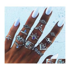 Band Rings Fashion Jewelry Ancient Sier Gold Knuckle Ring Set Flower Horse Crown Stacking Midi 13Pcs/Set Drop Delivery Dhgtw