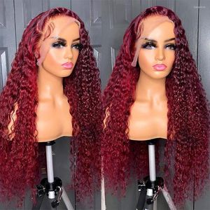 Burgundy Deep Wave Lace Front Wig 30 32 Inch 13x4 Red Color Brazilian Remy 150% T Part Curly Human Hair Wigs For Women