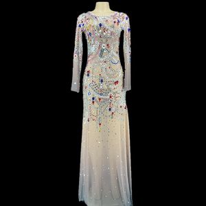 Casual Dresses Colorful Crystals Pearls Sexig Mesh Dress Prom Evening Transparent Multicolor Rhinestones Costume Birthday